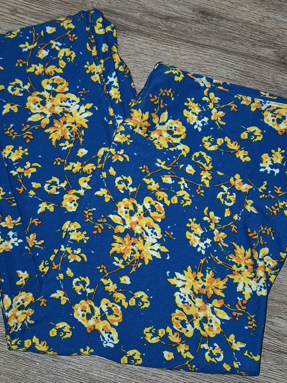 Lularoe Women’s Blue Floral Print Leggings - Yellow Accent